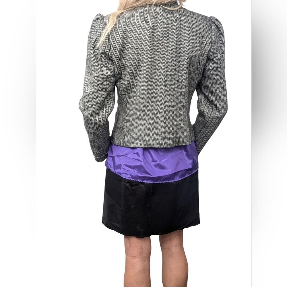 Vintage 80s Cashmere Wool Herringbone Puff Shoulder Cropped Jacket Sz 4 - Picture 2 of 15